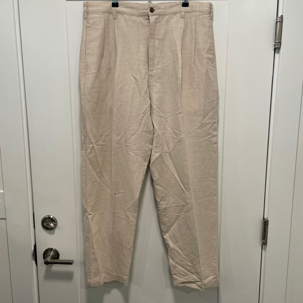 Chaps Ralph Lauren Mens Beige Linen‎ Cotton Pleated Dress Pants Trousers 36x30